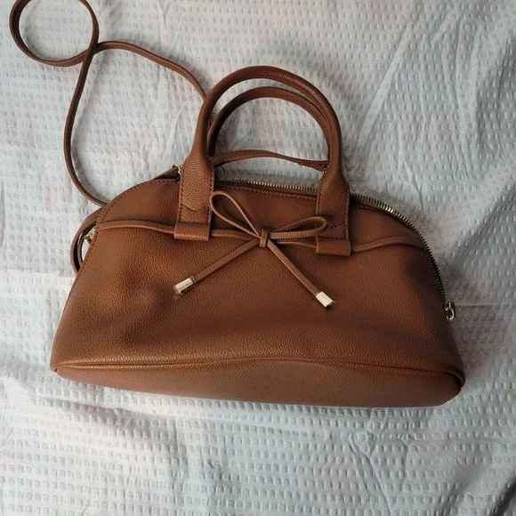 LC Lauren Conrad Cognac Brown Pebbled Faux Leather Bow Satchel Crossbody Bag - Picture 1 of 5